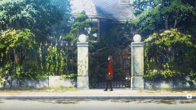 Rin Tohsaka in front of the Weathercock House